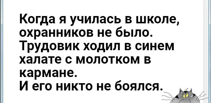 Когда я училась в школе охранников не было Трудовик ходил в синем халате с молотком в кармане И его никто не боялся_ _