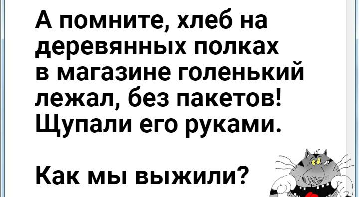 А помните хлеб на деревянных полках в магазине голенький лежал без пакетов Щупали его руками Как мы выжили