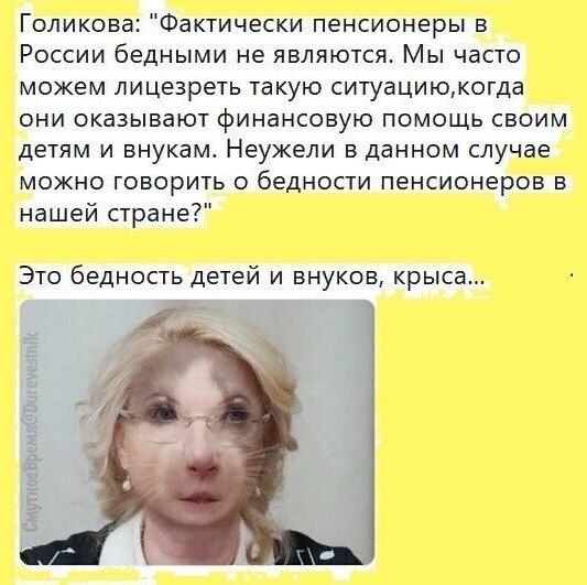 Голикова Фактически пенсионеры в России бедными не являются Мы часто можем лицезреть такую ситуациюмогда они оказывают финансовую помощь своим детям и внукам Неужели в данном случае можно говорить о бедности пенсионеров в нашей стране Это бедность детей и внуков крыса