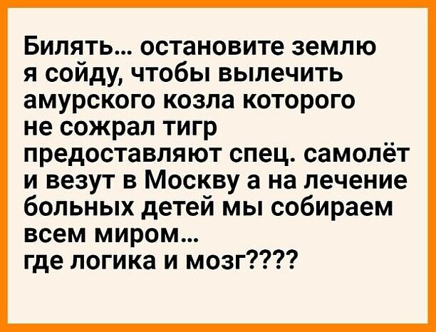 Бипять остановите землю я сойду чтобы вылечить амурского козла которого не сожрал тигр предоставляют спец самолёт и везут в Москву а на лечение больных детей мы собираем всем миром где логика и мозг