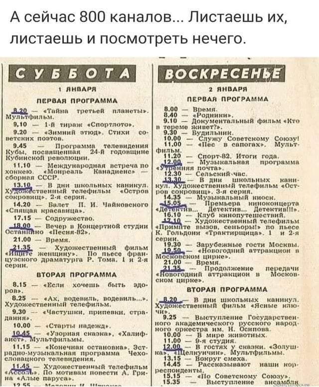А сейчас 800 каналов... Листаешь их, листаешь и посмотреть нечего. Суббота 1 лны программа е третьей 