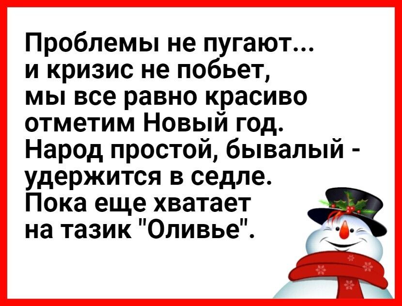 Проблемы не пугают и кризис не побьет мы все равно красиво отметим Новый год Народ простой бывалый удержится в седле Пока еще хватает а на тазик Оливье _