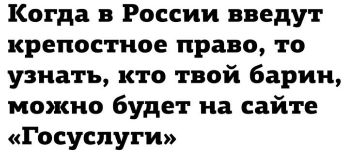 Когда в России введут крепостное право то узнать кто твой барин можно будет на сайте Госуспуги