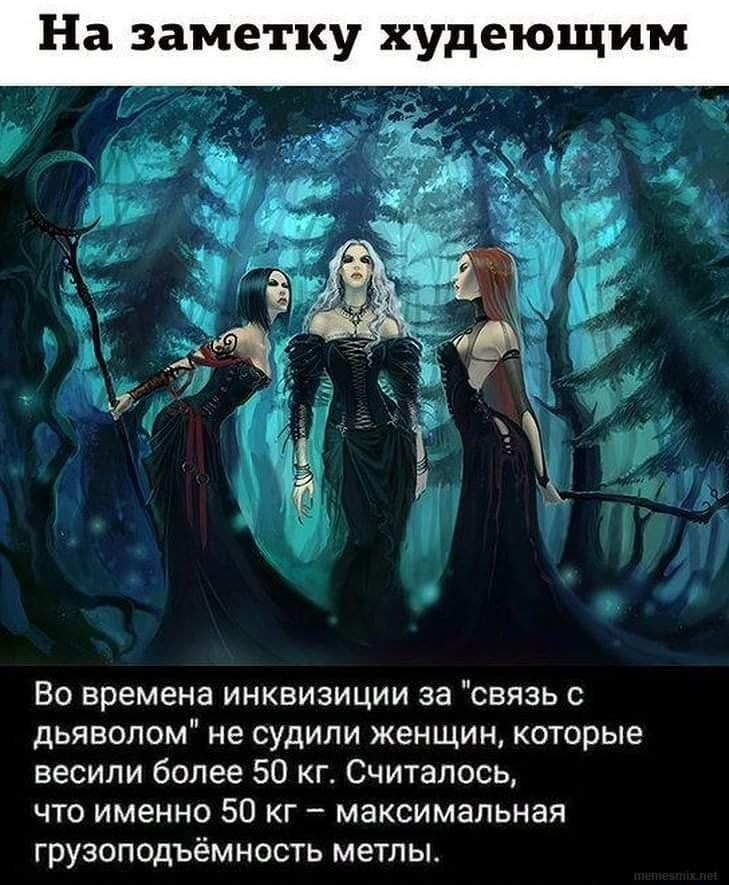 На заметку худеющим Во времена инквизиции за связь с дьяволом не судили женщин которые весили более 50 кг Считалось что именно 50 кг максимальная грузоподъёмность метлы