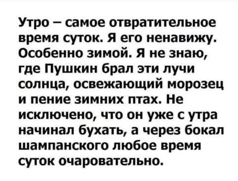Утро самое отвратительное время суток я его ненавижу Особенно зимой Я не знаю где Пушкин брал эти лучи солнца освежающий морозец и пение зимних птах Не исключено что он уже с утра начинал бухать а через бокал шампанского любое время суток очаровательно
