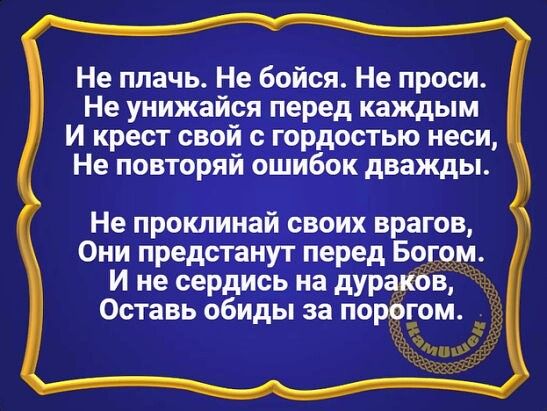 Не плачь Не бойся Не проси Не унижайся перед каждым И крест свой с гордостью неси Не повторяй ошибок дважды Не проклинай своих врагов Они предстанут перед Богом И не сердиСь на дура в Оставь обиды за поро