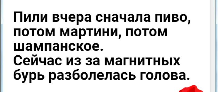 ПИЛИ вчера сначала ПИВО ПОТОМ МдРТИНИ ПОТОМ шампанское сейчас ИЗ за магнитных бурь разболелась голова А