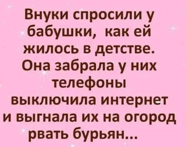 Внуки спросили у бабушки как ей жилось в детстве Она забрала у них телефоны выключила интернет и выгнала их на огород рвать бурьян
