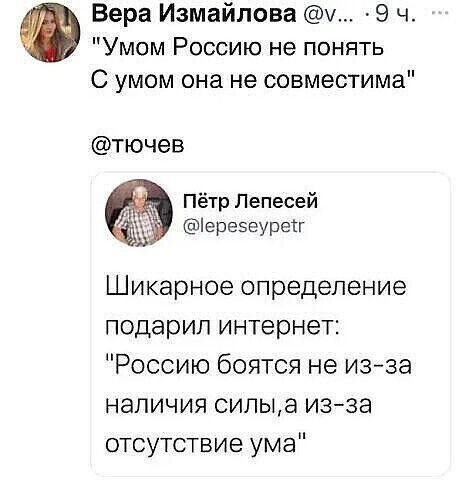 Вера Измайлова х 9 ч Умом Россию не понять С умом она не совместима тючев Пётр Лепесей іереэеуреіг Шикарное определение подарил интернет Россию боятся не изза наличия силыа изза отсутствие ума