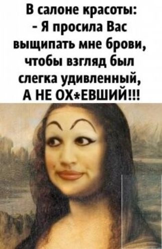 В салоне красаты я просила Вас выщипш мне Бра и чтобы взгляд был слегка удивлениуй А НЕ ехавший