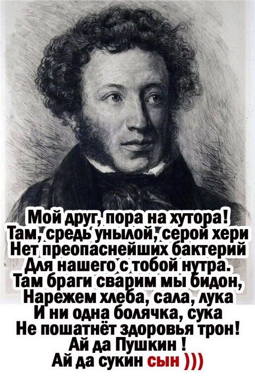 Мой другпор_а_иа хутора Тамсредь уиьцоидсерои херу Нетіпреопасиеишихрактерпи для нашегос_тоб_ои_н ра Там браги сна им мы идон На ежем хде а сам лука ни одна болячка сука Не пошатнет здоровья трон Ай да Пушкин Аида сукин