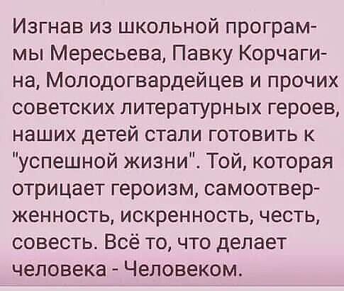 Изгнав из школьной програм мы Мересьева Павку Корчаги на Моподогвардейцев и прочих советских литературных героев наших детей стали готовить к успешной жизни Той которая отрицает героизм самоотвер женность искренность честь совесть Всё то что делает человека Человеком