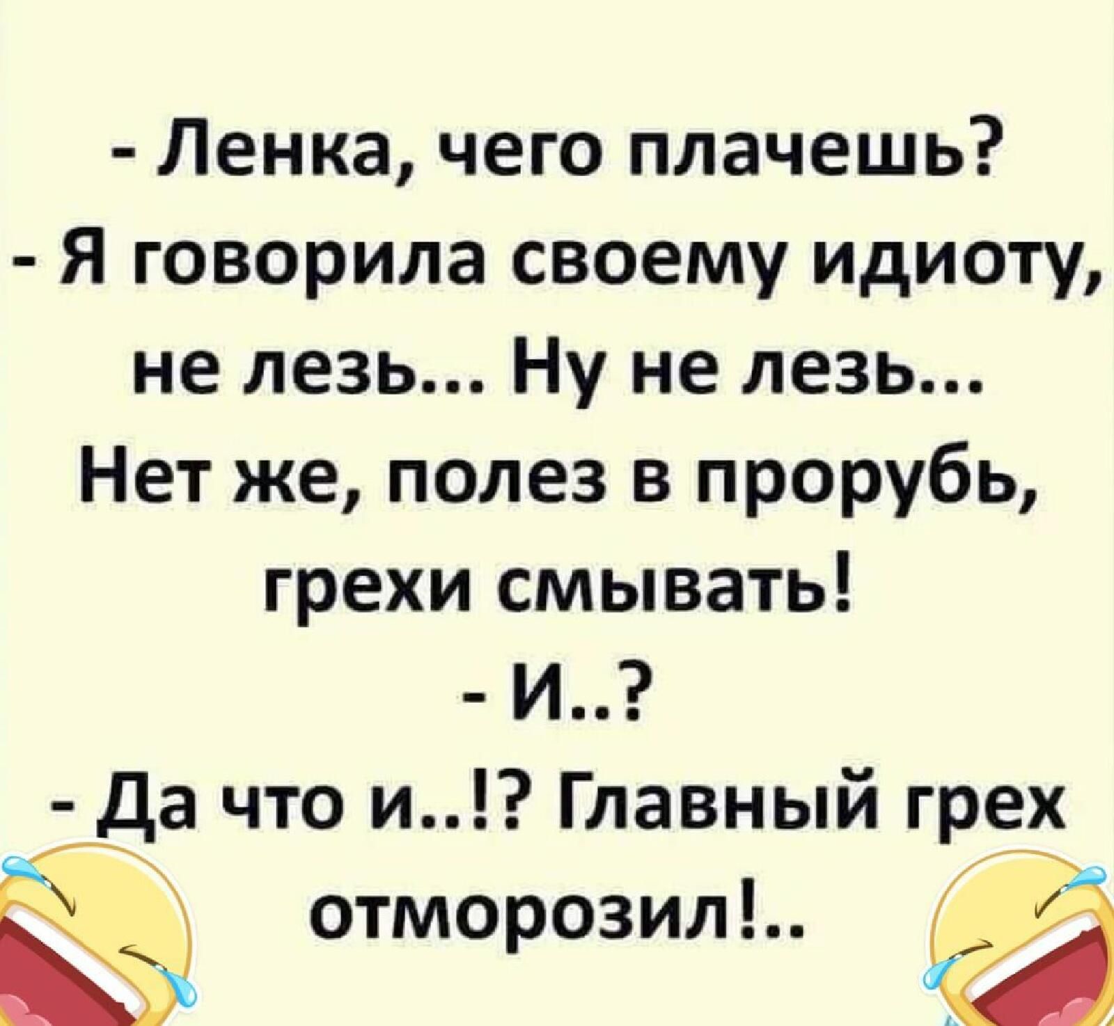 Ленка чего плачешь Я говорила своему идиоту не лезь Ну не лезь Нет же полез в прорубь грехи смывать И Да что и Главный грех отморозил