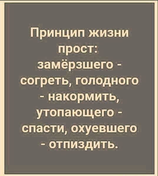 Принцип жизни прост замёрзшего согреть голодного НЭКОРМИТЬ УТОПЗЮЩЭГО СПЗСТИ охуевшего ОТПИЗДИТЬ