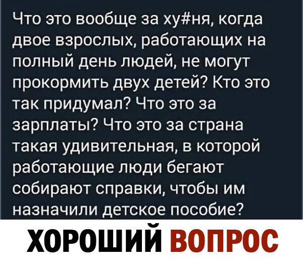Что это вообще за хуня, когда двое взрослых, работающих на полный день людей, не могут прокормить двух детей? Кто это так придумал? Что это за зарплаты? Что это за страна такая удивительная, в которой работающие люди бегают собирают справки, чтобы им назначили детское пособие? Хороший вопро