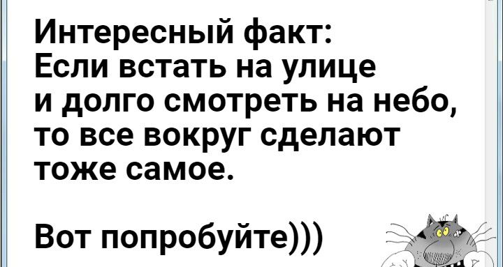 Интересный факт Если встать на улице и долго смотреть на небо то все вокруг сделают тоже самое Вот попробуйте
