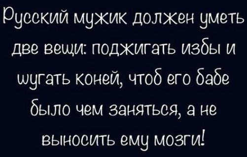 Русский мужик должен уметь две вещи: поджигать избы и шугать коней, чтоб его бабе было чем заняться, а не выносить ему мозги!