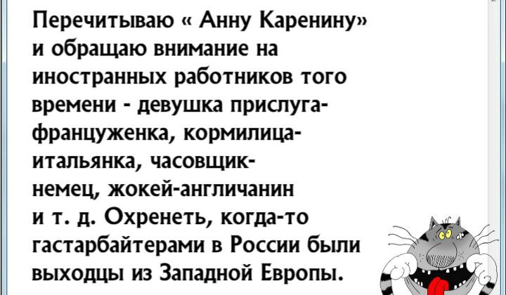 Перечитываю Анну Каренину и обращаю внимание на иностранных работников того времени девушка прислуга француженка кормилица итапьянка часовщик немец жокей англичанин и т д Охренеть когда то гастарбайтерами в России были выходцы из Западной Европы