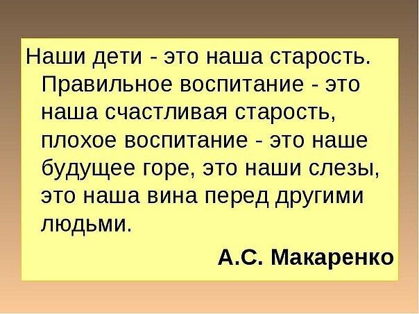 Наши дети это наша старость Правильное воспитание это наша счастливая старость плохое воспитание это наше будущее горе это наши слезы это наша вина перед другими людьми АС Макаренко