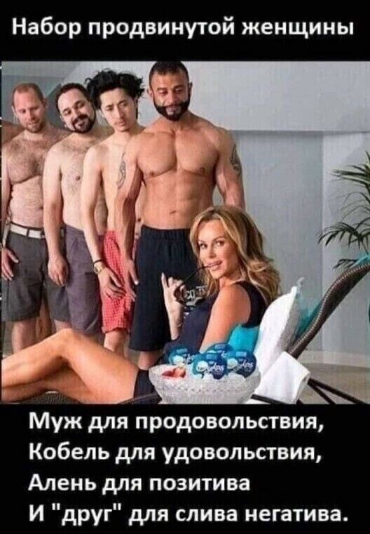 Набор продвинутой женщины Муж для продовольствия Кобель для удовольствия Алень для позитива И друг для слива негатива