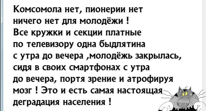 Комсомола нет пионерии нет ничего нет для молодёжи Все кружки и секции платные по телевизору одна быдлятина с утра до вечера молодёжь закрылась сидя в своих смартфонах с утра до вечера портя зрение и атрофируя мозг Это и есть самая настоящая деградация населения
