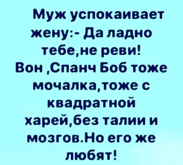 Муж успокаивает жену да ладно тебене реви Вон Спанч Боб тоже мочапкатоже с квадратной харейбез талии и мозговНо его же любят