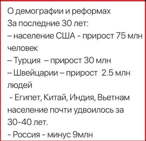 О демографии и реформах За последние 30 лет население США прирост 75 млн человек Турция прирост 30 млн Швейцарии прирост 25 млн людей Египет Китай Индия Вьетнам население почти удвоилось за 30 40 лет Россия минус 9млн