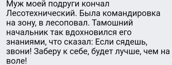Муж моей подруги кончал лесотехнический. Была командировка на зону, в лесоповал. Тамошний начальник так вдохновился его знаниями, что сказал: если сядешь, звони! Заберу к себе, будет лучше, чем на воле!