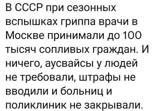 В СССР при сезонных вспышках гриппа врачи в Москве принимали до 100 тысяч сопливых граждан И ничего аусвайсы у людей не требовали штрафы не вводили и больниц и поликлиник не закрывали
