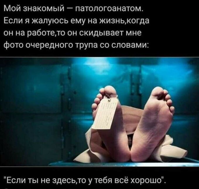 Мой знакомый  патологоанатом. Если я жалуюсь ему на жизнькогда он на работе,то он скидывает мне фото очередного трупа со словами: если ты не здесьто у тебя всё хороше