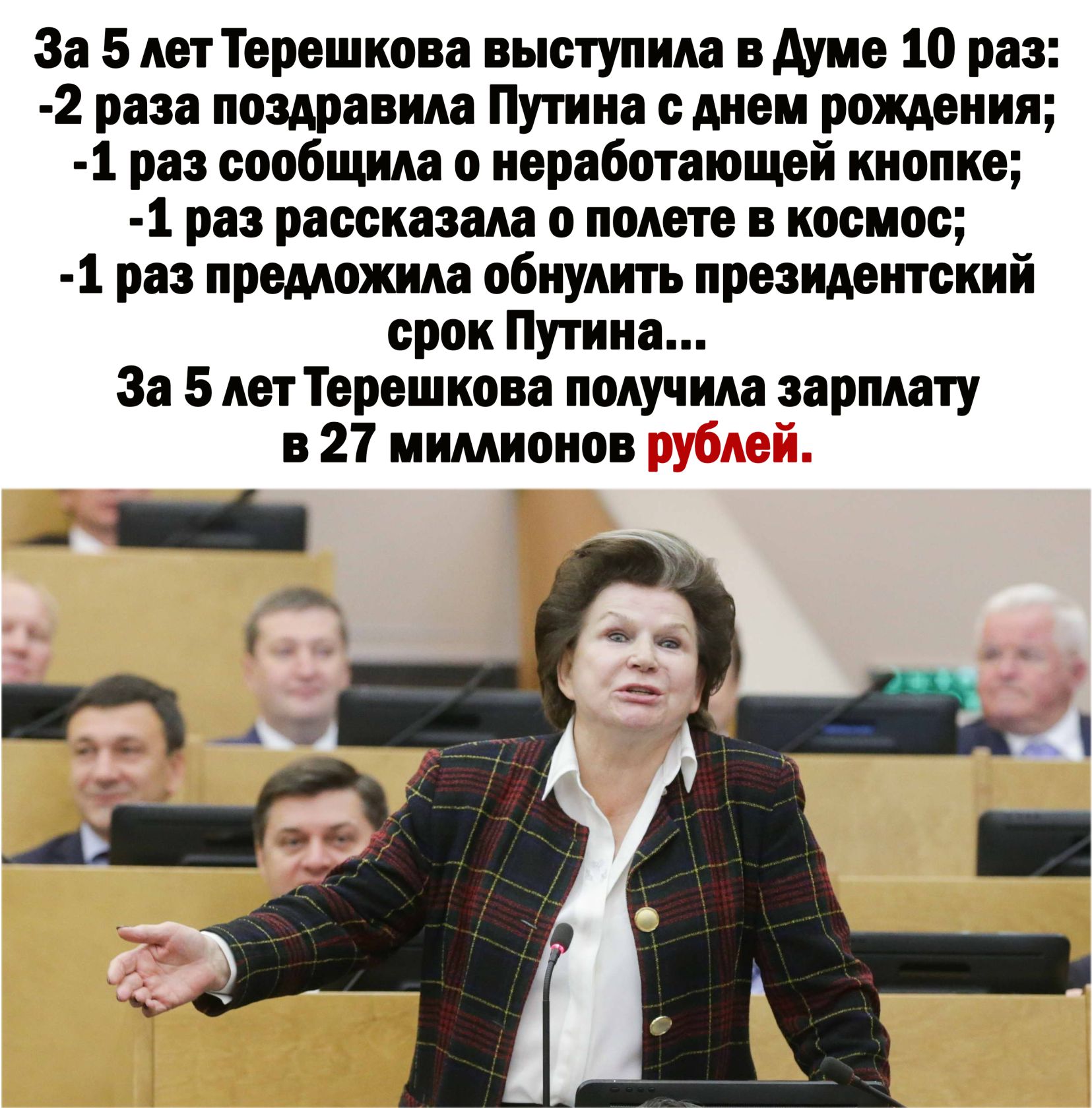 За 5 лет терешкова выступила в думе 10 раз: 2 раза поздравила путина с днем рождения; 1 раз сообщила о неработающей кнопке; 1 раз рассказала о полете в космос; 1 раз предложила обнулить президентский срок путина... За 5 лет терешкова получила зарплату в 27 миллионов р
