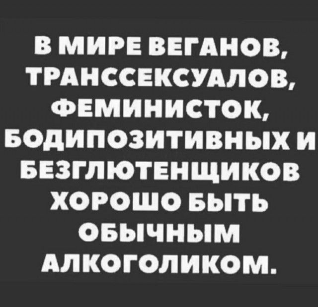 В МИРЕ ВЕГАНОВ ТРАНССЕКСУАЛОВ ФЕМИНИСТОК БОдИПОЗИТИВНЫХ И БЕЗГЛЮТЕНЩИКОВ ХОРОШО БЫТЬ ОБЫЧНЫМ АЛКОГОЛИКОМ