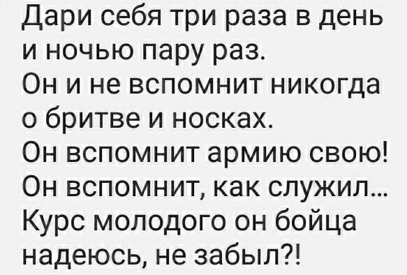 Дари себя три раза в день и ночью пару раз Он и не вспомнит никогда о бритве и носках Он вспомнит армию свою Он вспомнит как служил Курс молодого он бойца надеюсь не забыл