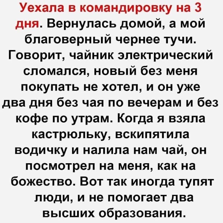 Уехала в командировку на 3 дня Вернулась домой а мой благоверный чернее тучи Говорит чайник электрический сломался новый без меня покупать не хотел и он уже два дня без чая по вечерам и без кофе по утрам Когда я взяла кастрюльку вскипятила водичку и налила нам чай он посмотрел на меня как на божество Вот так иногда тупят люди и не помогает два высших образования