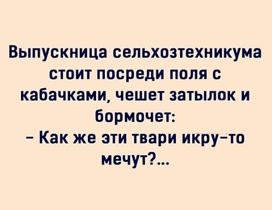 Выпускница сепьхозтехникума стоит посреди поля с кабачками чешет затылок и бормочет Как же эти твари икруто мечут