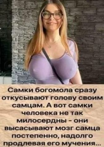 Самки богомола сразу откусывают голову своим самцам А вот самки человека не так мипосердиы ОНИ ВЫСЗСЫВЗЮТ МОЗГ самца постепенно надолго продлевая ВГО мучения
