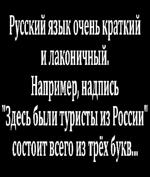 Русский язык очень краткий илаконичный Например надпись Здесь былитуристы из России состоитвсего из трёх букв