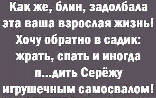 Как же бдин задолбана эта ваша взрослая жизнь Хочу обратно в садик жрать спать и иногда пдить Серёжу игрушечным самосвадом