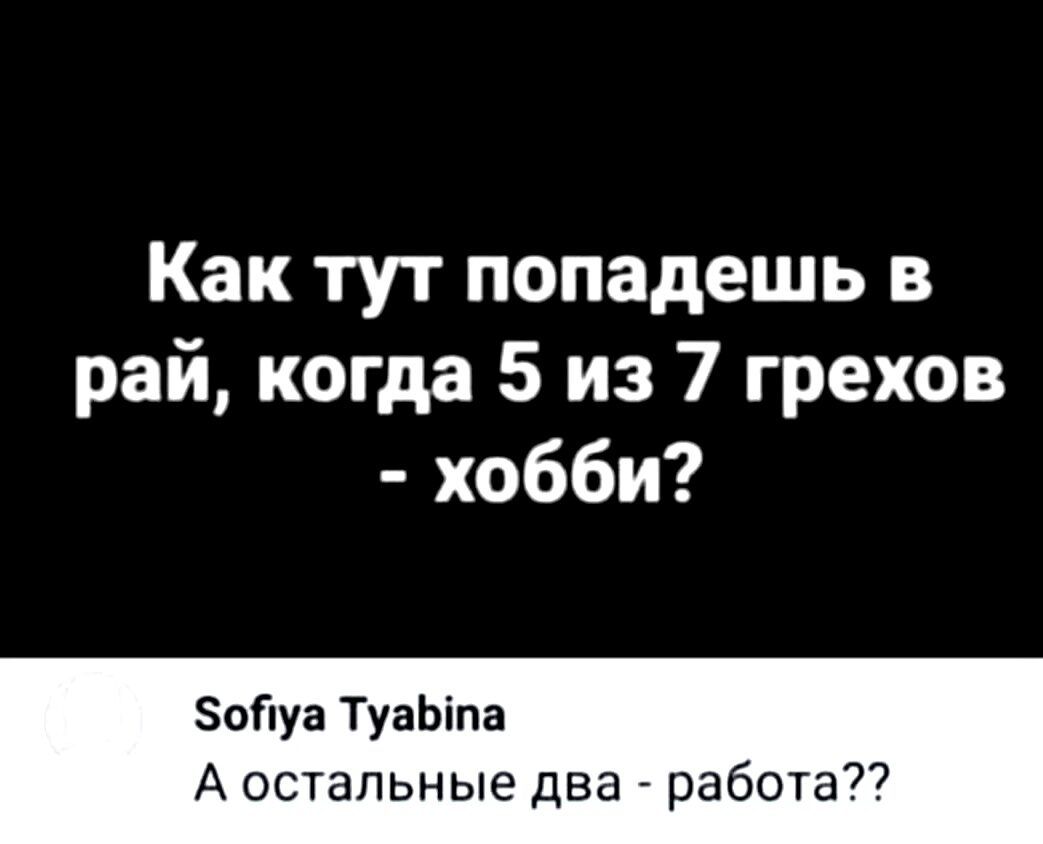 Как тут попадешь в рай когда 5 из 7 грехов хобби Зойуа ТуаЬіпа А остальные два работа