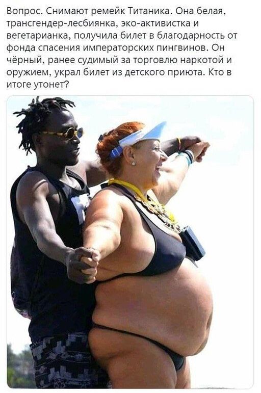 Вопрос Снимают ремейк Титаника Она белаяо трансгендер лесбиянка экоактивистка и вегетарианка получила билет в благодарность от фонда спасения императорских пингвинов Он чёрный ранее судимый за торговлю наркотой и оружием украл билет из детского приюта Кто в итоге утонет