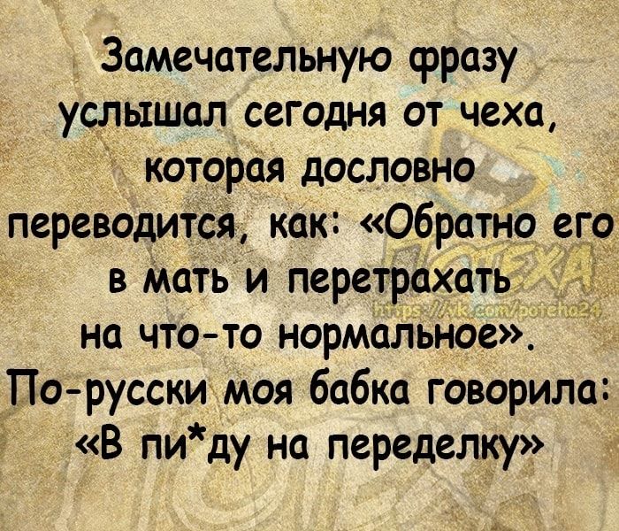 Замечательную фразу услышал сегодня от чеха которая дословно _ переводится как Обратно его в Мать и перетрахоть на что то нормальное По русски моя бабка говорило В пиду на переделку м