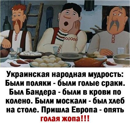 Украинская народная мудрость Были поляки были голые сракн Был Бандера были в крови по колено Были маскам был хлеб на столе Пришла Европа опять голая жопа