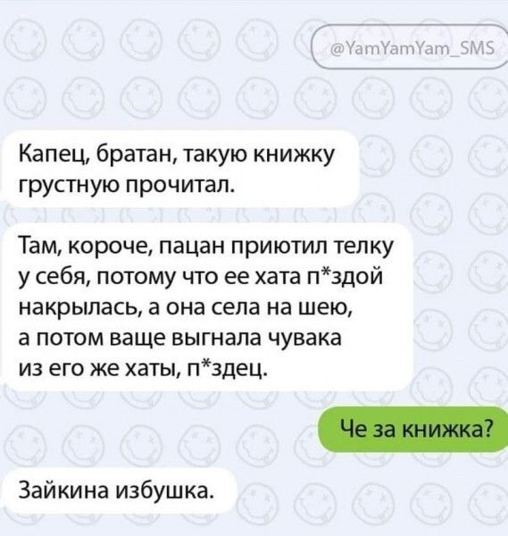 пищит Капец братан такую книжку грустную прочитал Там короче пацан приютил телку у себя потому что ее хата п3дой накрылась а она села на шею а потом ваще выгнала чувака из его же хаты пздец Зайкина избушка