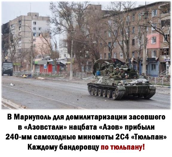 В Мариуполь мя демилитаризации дававшего в Азовстми инцбата Азов прибыли 240 11 снисходиыв иииоиеты 2с4 Тюльпан Каждому бнидеровцу по тюльпану