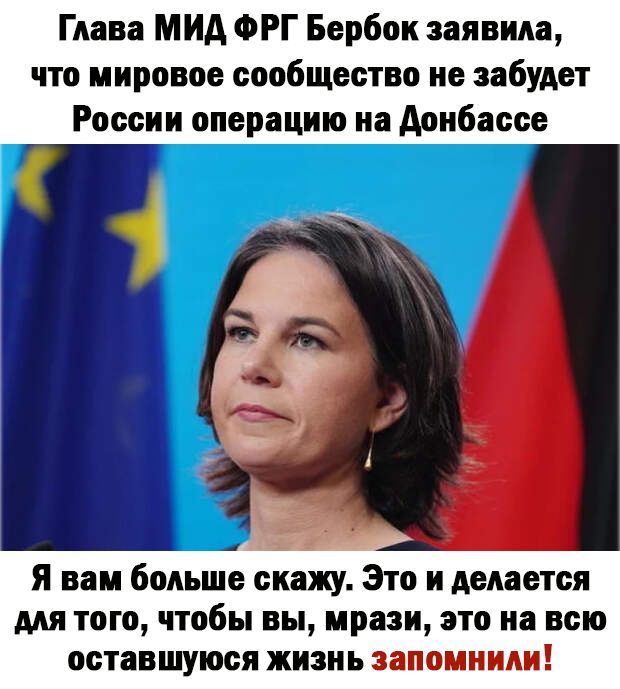 Глава МИД ФРГ Бербок заявила что мировое сообщество не забудет России операцию на Аоибассе Я вам больше скажу Это и делается мя того чтобы вы мрази это на всю оставшуюся жизнь запомнили