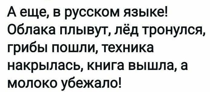 А еще в русском языке Облака плывут лёд тронулся грибы пошли техника накрылась книга вышла а молоко убежало