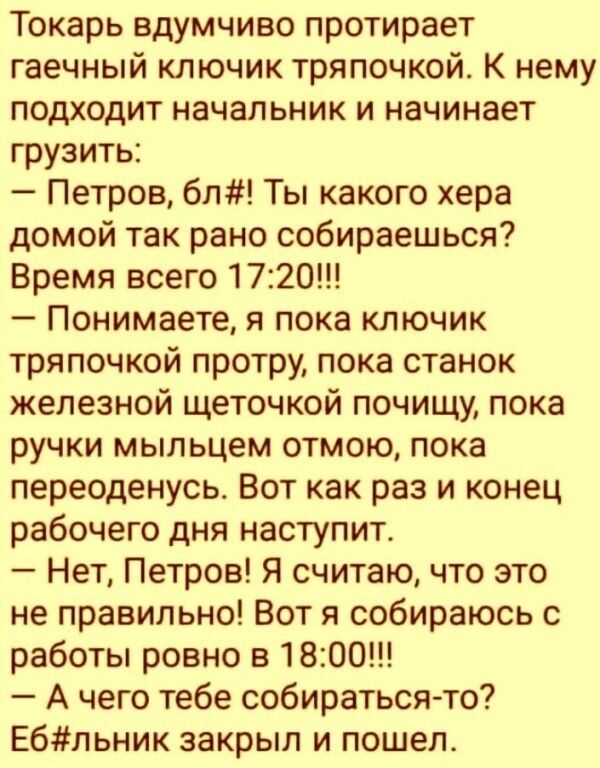 Токарь вдумчиво протирает гаечный ключик тряпочкой К нему подходит начальник и начинает грузить Петров бл Ты какого хера домой так рано собираешься Время всего 1720 Понимаете я пока ключик тряпочкой протру пока станок железной щеточкой почищу пока ручки мыльцем отмою пока переоденусь Вот как раз и конец рабочего дня наступит Нет Петров Я считаю что это не правильно Вот я собираюсь с работы ровно в