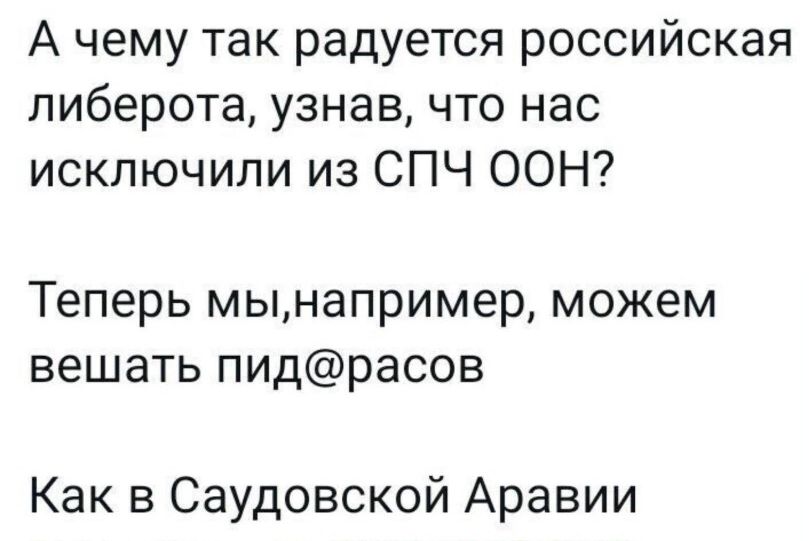 А чему так радуется российская либерота узнав что нас исключили из СПЧ ООН Теперь мынапример можем вешать пидрасов Как в Саудовской Аравии