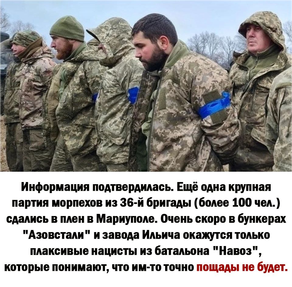 Информация подтвердилась Ещё одна крупная партия иорпехов из 36 й бригады более 100 чел сдались в плен в Мариуполе Очень скоро в бункерах Азоветади и завода Ильича окажутся только пдакеивые нацисты из батальона Навоз которые понимают что им то точно щъады удет