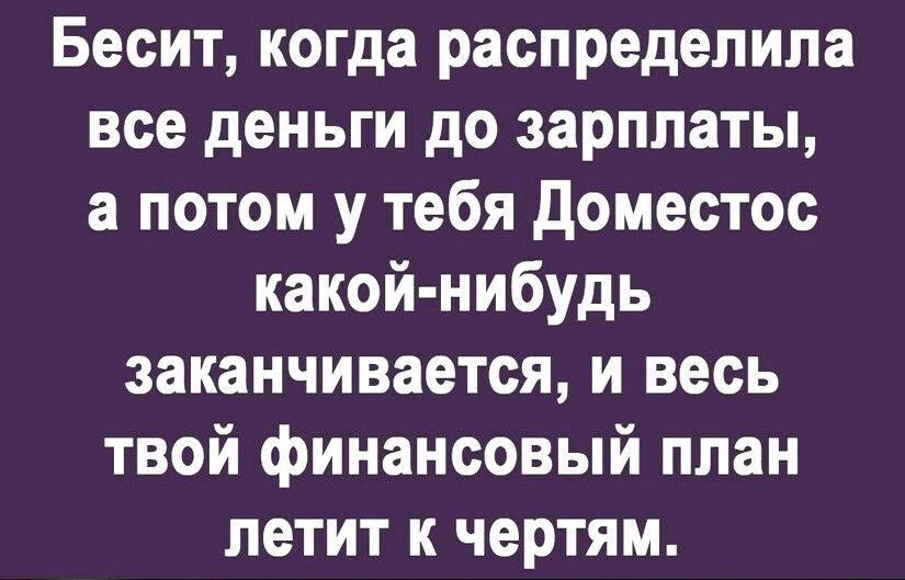 Бесит когда распределила все деньги до зарплаты а потом у тебя Доместос какой нибудь заканчивается и весь твой финансовый план летит к чертям